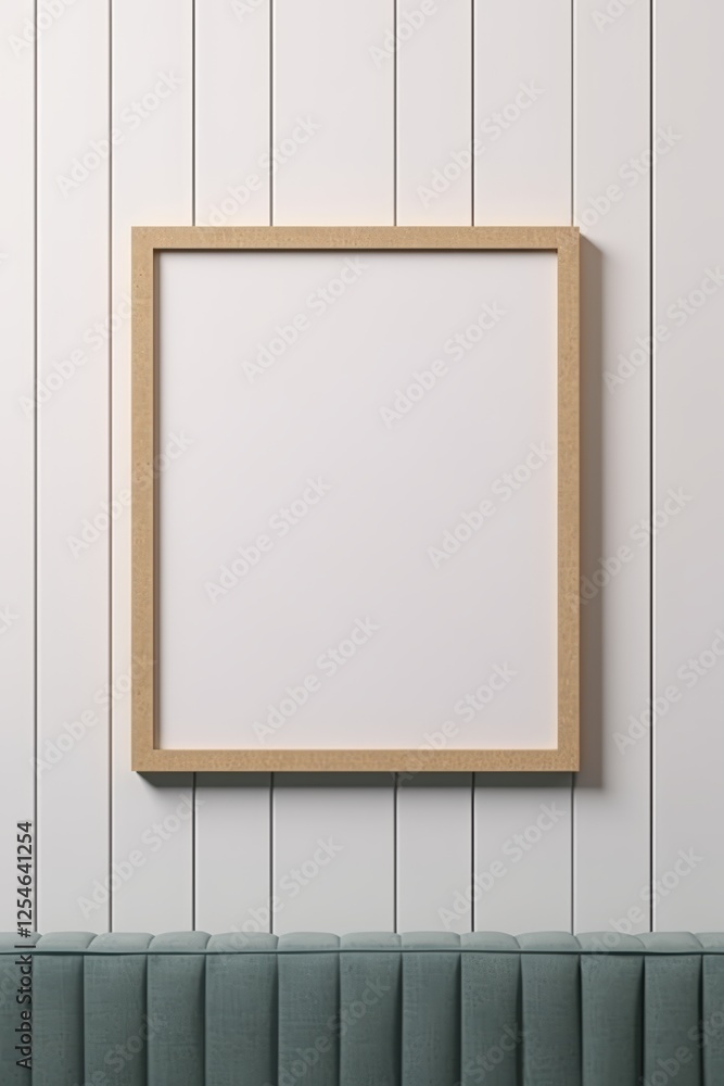Poster elegant wooden frame displaying empty canvas on minimalist wall with modern green couch in stylish i