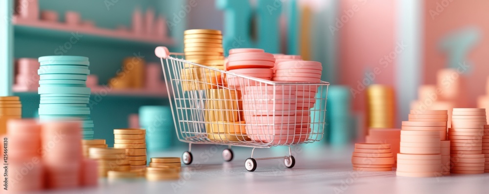 Poster a vibrant shopping cart filled with colorful coins, surrounded by stacks of coins, creating a playfu