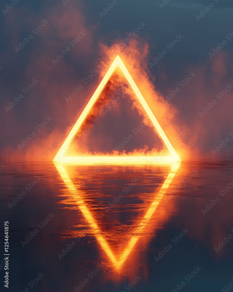 Poster glowing triangle frame on reflective surface with foggy sky creates a surreal scene