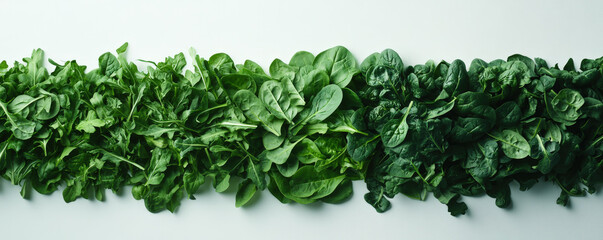 Obraz premium Fresh spinach and leafy greens arranged in vibrant composition, showcasing various shades of green. This artistic display highlights natural beauty and health benefits of leafy vegetables