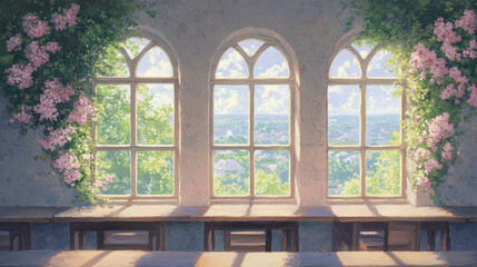 Charming Window View with Blooming Flowers