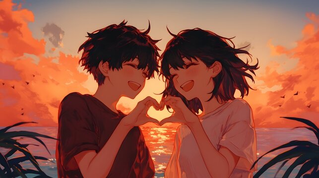 A couple making a heart shape with their hands, in the anime style, with a sunset background, Generative AI