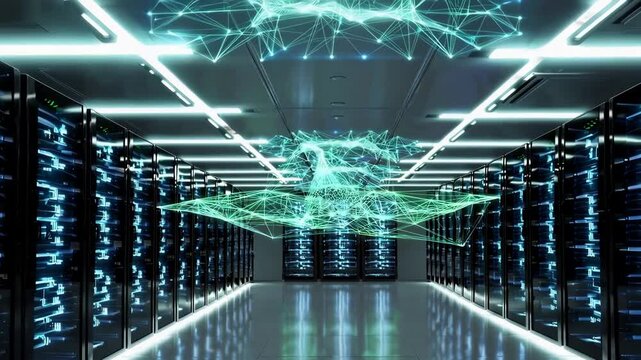 Futuristic data server room with glowing blue holographic network visualization representing artificial intelligence, cloud computing, and cybersecurity

