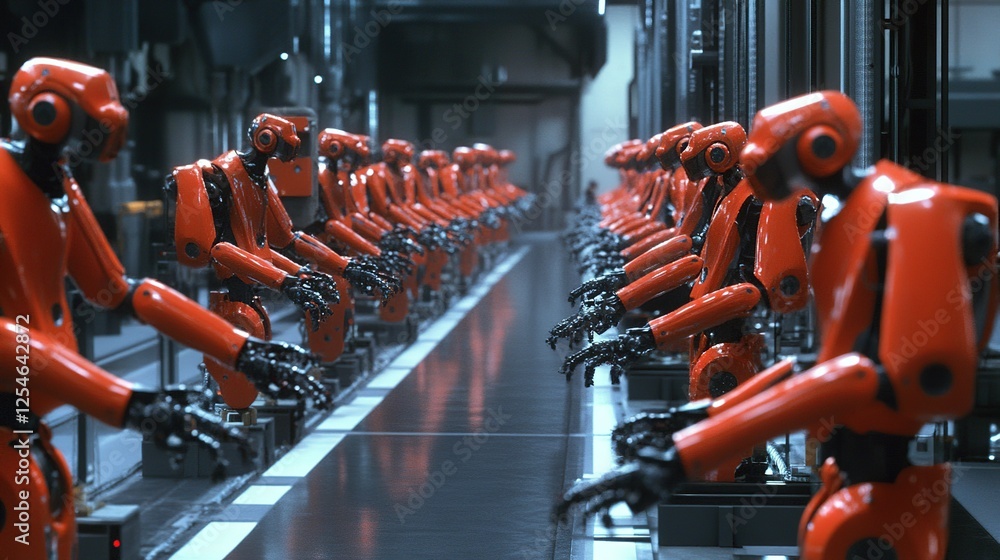Poster a factory floor full of synchronized robots performing various production tasks.