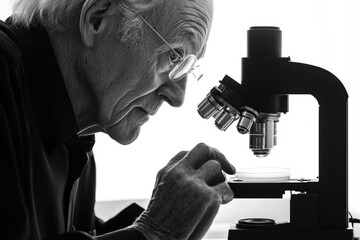 An elderly scientist intently examines a specimen under a microscope, engrossed in scientific research.
