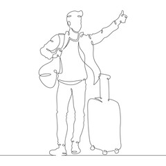 Continuous one line drawing young man hitchhiking on the road. Hitchhiking. Man with luggage.One continuous line isolated minimal illustration.Not AI.