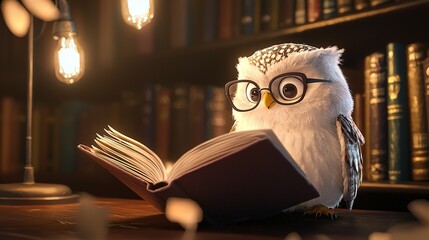 Owl Reading Book in Library