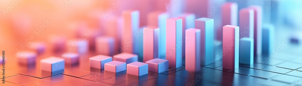 Poster a vibrant, abstract visualization of bar graphs representing data trends, with pink and blue hues cr