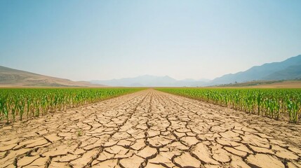 Fototapeta premium Drought-stricken field, cracked earth, mountains, agriculture