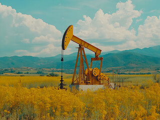 Oil pump in yellow field, mountain backdrop. Energy industry