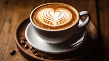 Warm and Inviting Coffee Cup on Wooden Table with Latte Art Heart Design, Aromatic and Rich Brew Enjoyed in Cozy Setting
