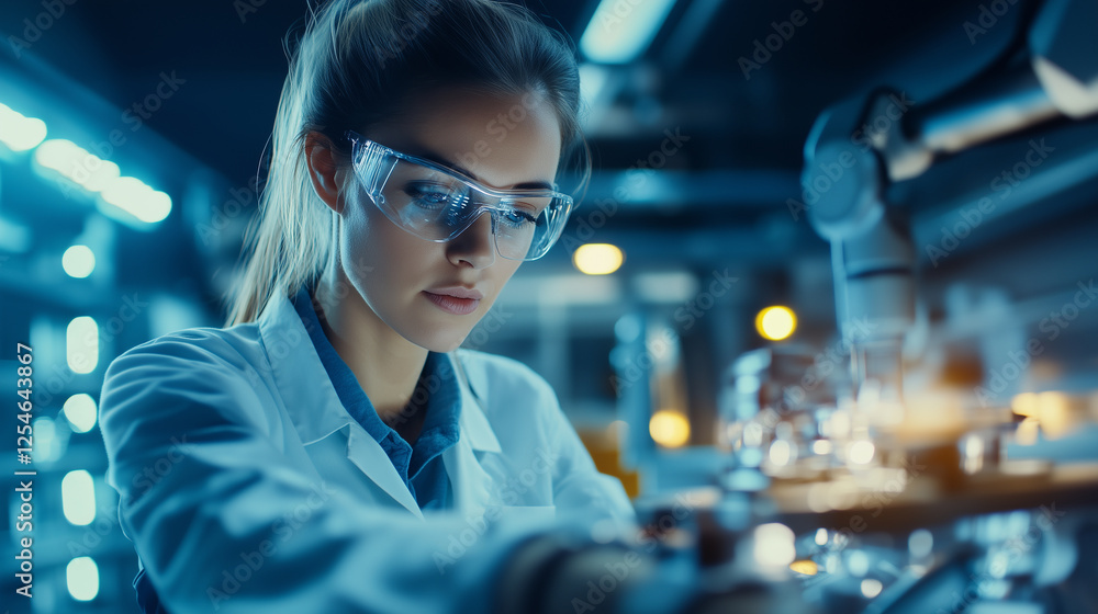Poster industrial tech scene: female engineer focused on 3d engine modeling and male programmer configuring