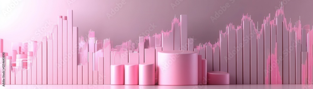 Poster a visually appealing pink-themed graph with bars and lines, representing data trends and analytics i