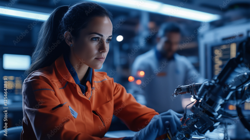 Poster industrial tech scene: female engineer focused on 3d engine modeling and male programmer configuring