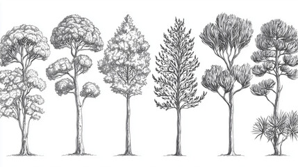 Fototapeta premium A highly detailed black and white botanical study featuring different tree species, drawn with scientific accuracy, showcasing varied textures, leaf structures, and natural forms 