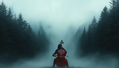 Moody Cellist in Foggy Forest Atmospheric Music Performance