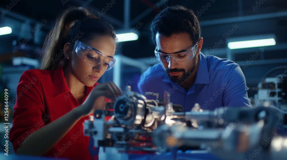 Poster modern manufacturing: female engineer working on 3d modeling of an engine and male colleague program