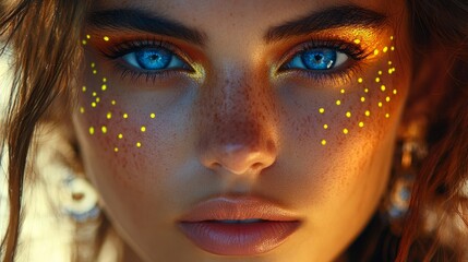 Portrait of a woman with neon UV makeup, colorful patterns on face, soft ambient glow
