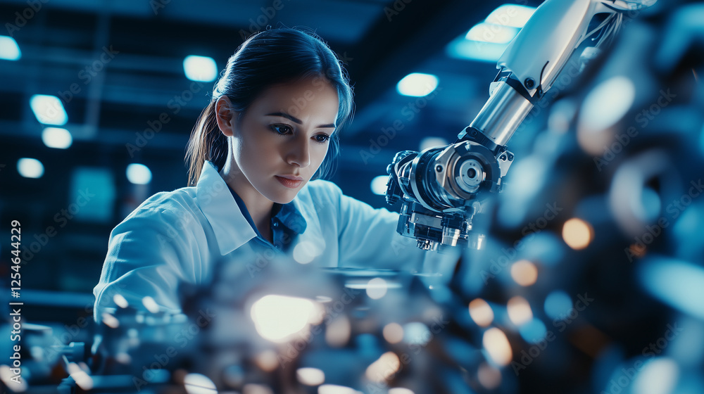 Poster modern industrial environment: female engineer working on 3d modeling of engine and male engineer co