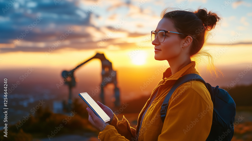 Poster female engineer creating advanced 3d engine models in a high-tech industrial workspace, while male c