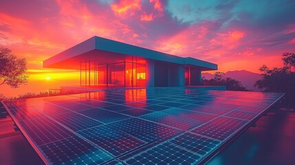 Obraz premium Modern house with solar panels at sunset, surrounded by trees and mountains in vibrant colors