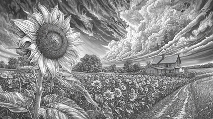 Fototapeta premium Intricate black and white sunflower field with dramatic skies and textured clouds, a stunning artistic landscape illustration 