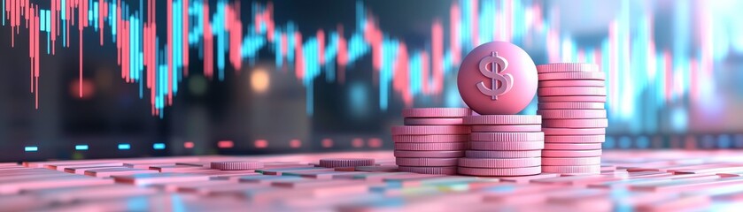A visually engaging image featuring stacks of pink coins with a colorful financial chart in the background, symbolizing cryptocurrency and market trends.