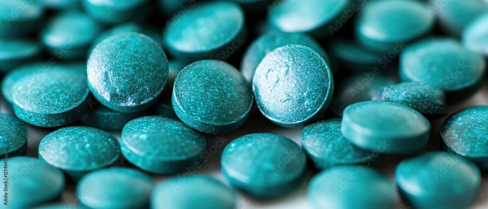 Poster close up of many teal pills with a shallow depth of field creating an abstract pattern