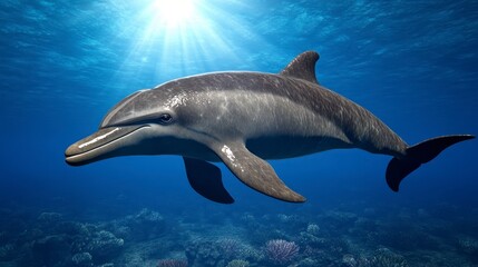 Naklejka premium Underwater view of a marine mammal swimming in the blue ocean, sunbeams highlighting its form, a coral reef visible in the background