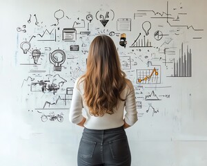 Fototapeta premium Businesswoman thinking about education, career goals, and success concepts displayed on a white wall, showcasing inspiration, professional growth, and personal empowerment