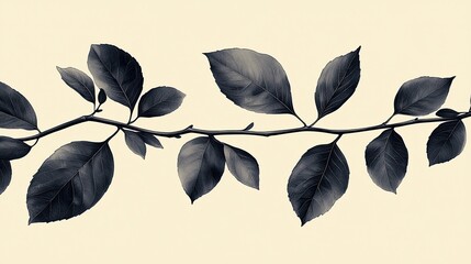 Black and white close-up of a delicate leafy branch against a soft beige background