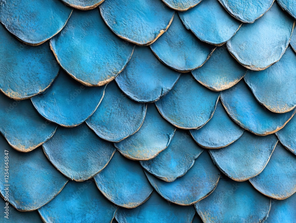 Poster textured blue scale pattern forming a unique surface with golden edges and a handcrafted look