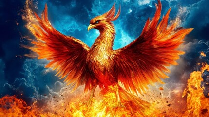Fiery bird soaring amidst dramatic clouds and flames, vibrant colors, digital art style, powerful and mythical creature, dynamic action, abstract