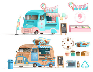 Cute Ice Cream and Coffee Food Truck Vector Illustration Set