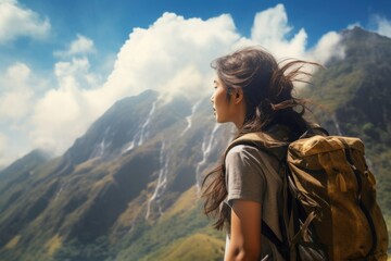 Naklejka premium Nepalese woman hiking backpacking adventure.