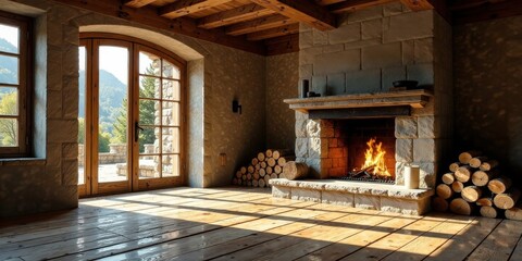 Rustic Interior Design Featuring a Stone Fireplace and Large Wooden French Doors with a View
