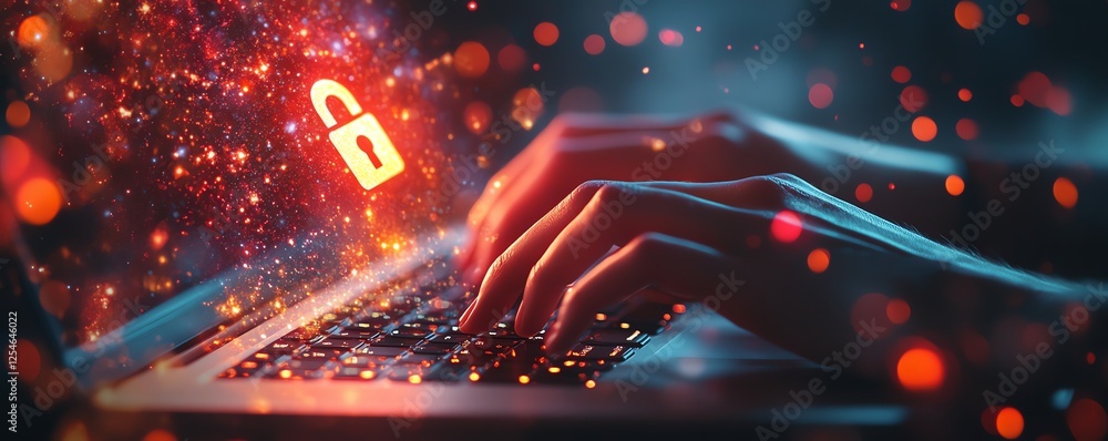 Poster Cybersecurity and data protection concept with hands typing on a laptop keyboard, digital lock hologram floating in the air, bokeh lights background, and advanced generative AI