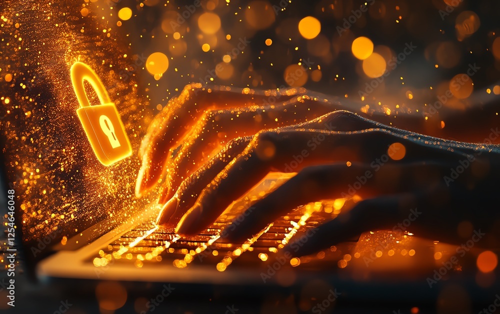 Poster Cybersecurity concept with hands typing on a laptop keyboard, digital lock hologram floating above, set against a vibrant bokeh lights background, representing data encryption