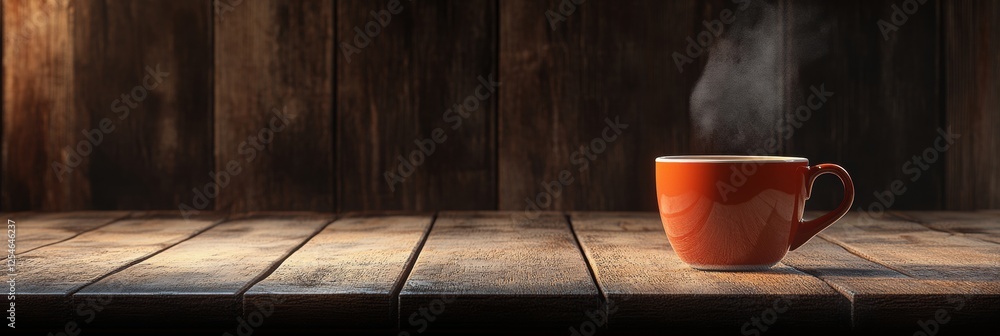 Leinwandbilder warm coffee cup with steam rising on a rustic wooden table creating a cozy atmosphere in a tranquil 