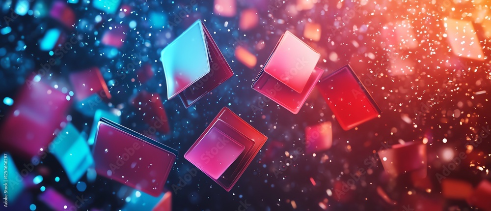 Poster Data exchange concept with floating digital folders on a dark wallpaper, symbolizing cloud storage, backup systems, and virtual document transfer, 3D rendering with neon highlights