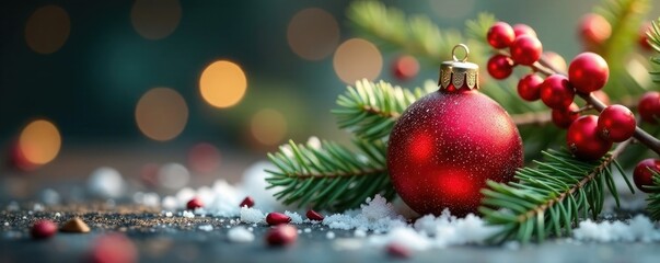 Obraz premium Miniature glass red ornament nestled among delicate winter berries and greenery, glass