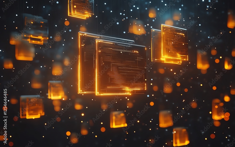 Poster Data transfer concept with digital folders floating over dark wallpaper, symbolizing secure cloud backup, virtual document storage, and data loading, highquality 3D render