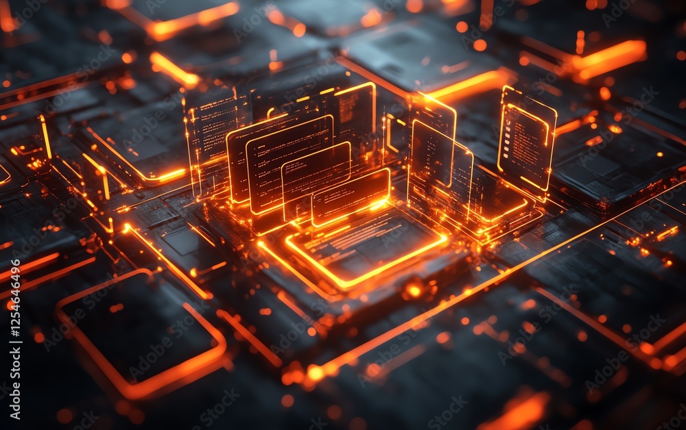 Poster Digital data exchange with illuminated folders moving across a dark wallpaper background, representing virtual document storage, backup data, and cloud service, 3D rendering