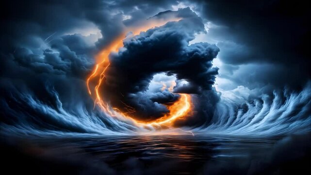 A dramatic scene featuring dark clouds and bright orange lightning over turbulent ocean waves.