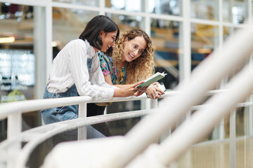 People, team and notebook for publishing in office, copywriter journalism and creative article....