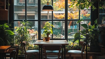 A scenic coworking space with large windows, plants, and natural light digital