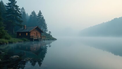 Fototapeta premium Misty morning on the lake next to a secluded cabin, natural, misty, foggy