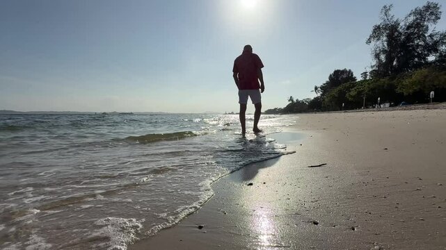 A solitary figure in a red shirt walks along the shoreline, with gentle waves touching the sandy beach under the bright sun and clear sky.