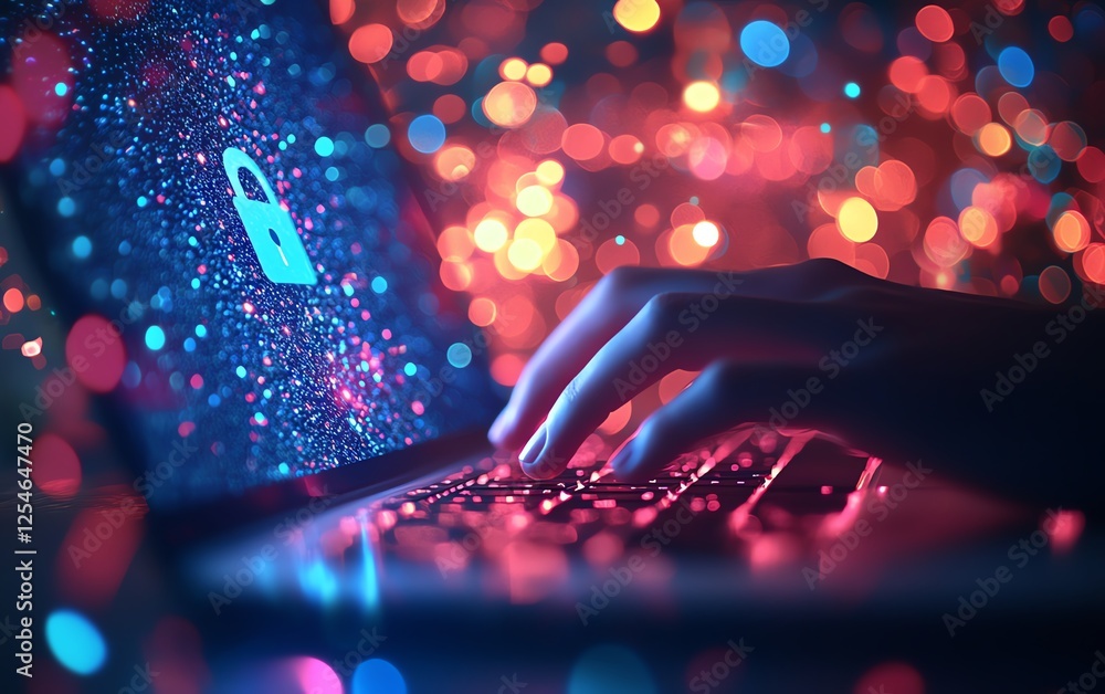 Poster hands typing on a laptop keyboard with a digital lock hologram, representing cybersecurity and ai pr