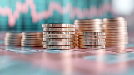Stacks of coins on a colorful financial graph background, symbolizing investment, savings, and economic growth.